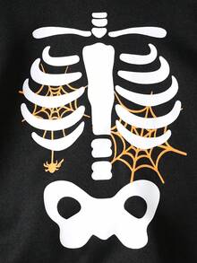 Setelan Halloween Anak Laki-Laki: Hoodie 2 in 1 Motif Tulang Tengkorak + Celana Jogging Motif Tulang Tengkorak - Hitam - View 4