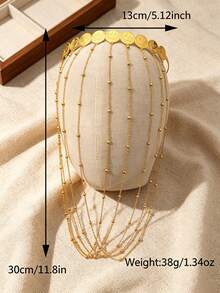 1Pc Vintage Gold Multi‑Layer Tassel Headband, Embossed Coin Bead Long Dangle Chain Hair Ornament For Wedding Banquet - Gold - View 6