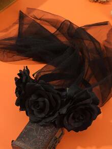 1pc Halloween Artificial Flower Black Mesh Headband, Holiday Ghost Bride Costume Headpiece, Party Cosplay Hair Accessory - Multicolor - View 6