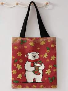 1pc Christmas Bear Print Canvas Tote Bag, Large Capacity Hand‑Held Shoulder Bag,Reusable Shopping Bag For Music Festival Party Daily Packing Books - Multicolor - View 2