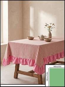 1pc White Base Red Striped Pink Ruffle Edge Tablecloth, Fresh Natural Style Fabric Rectangular Pink Ruffle Edge Patchwork Detail Decorative Functional Dining Tablecloth Suitable For Daily Home Dining And Fresh Home Decor Scenes - Red - View 15