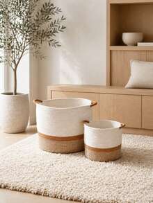 1pc Large 3-Color Cotton Rope Laundry Basket With Dual Handles, Soft Foldable Round Storage Bin For Blankets, Towels, Clothes, Toys And Pillows, Bohemian Style Bedroom, Bathroom, Nursery, Laundry Room And Dorm Storage Basket - Brown - View 2