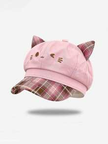 MESHUOKAI Y2K Sweet & Cool Girl 3D Cat Ear Newsboy Cap, Plaid Patchwork Brim, Cartoon Cat Embroidery Fashion Beret, Suitable For Daily Wear - Multicolor - View 4