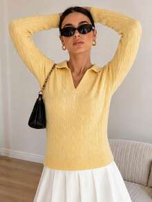 Sweater Pullover Wanita Kerah Polo Rajut Kabel Lengan Panjang Slim Fit Leher V Musim Gugur - Kuning - View 3