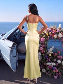 UNITHORSE Spaghetti Strap Ruffle Waist Satin Elegant Dress - Yellow - View 3