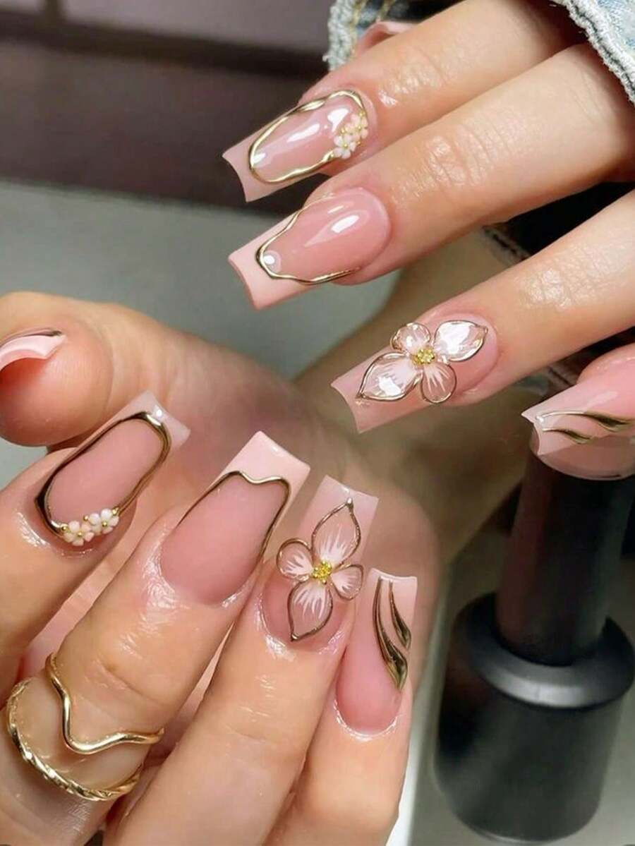 24pcs Long Square Press-On Nails, Nude Pink Base With Gold Metallic Line Border, Transparent 3D Flower And Tiny Pearl Decor, Reusable Fake Nails, Suitable For Wedding And Party Wear - Multicolor - View 1