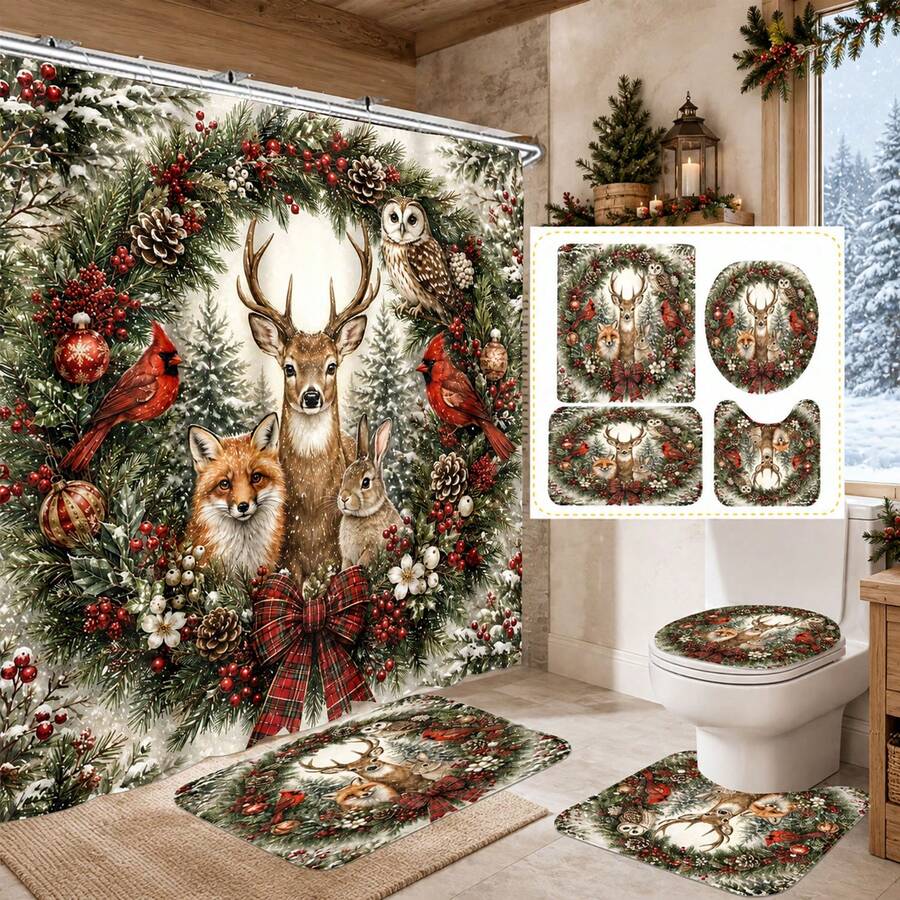 1pc/4pcs Christmas Reindeer Wreath Multi-Functional Bathroom Decor Shower Curtain Set, Free 12 Hooks, Premium Holiday Atmosphere, Bathroom Mat U-Shaped Floor Mat And Round Toilet Lid Cover, Suitable For All Christmas Scenes Decoration - Reindeer Wreath - View 1