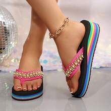 Pearl Rhinestone Wedge Flip Flops For Women, Colorful Thick Sole Toe-Post Sandals, Beach Vacation Dress Matching Sandals - Hot Pink - View 4