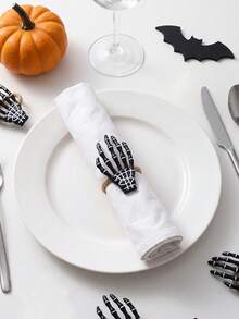 1-12pcs Halloween Black & White Skeleton Hand Napkin Rings, Ghost Hand Napkin Holders For Halloween Table Decor, Room Decoration, Home Decor - Multicolor - View 4