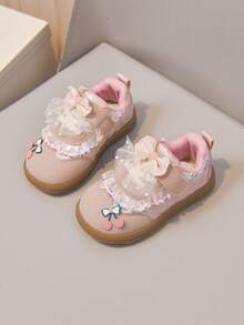 Girls Style First Walker Shoes, Lace Mesh Large Bow Soft Sole Hook And Loop Baby Shoes - Pink - View 4