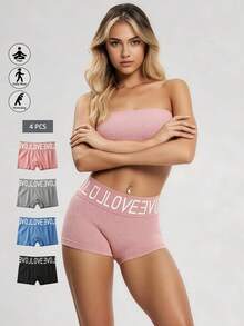 Runway Rest 4pcs Letter Waistband Seamless Mid-Waist Shaping Panties, High Elastic Breathable Mesh Fabric Women's Underwear, Comfortable Soft Fitted Ladies Briefs - Multicolor - View 2