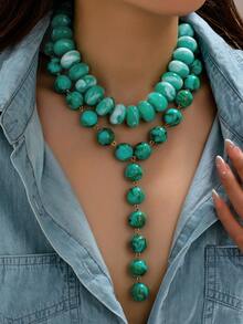 OABE Autumn Outfit 2pcs/Set Bohemian Style Vintage Mint Green Mixed Beaded Necklace Set Includes 1 Choker Necklace And 1 Y-Shaped Necklace Suitable For Women's Daily Wear - Multicolor - View 2