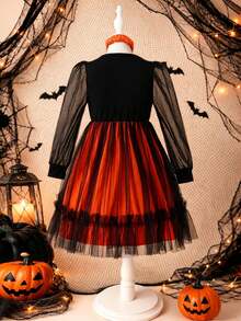 Young Girls Autumn/Winter Halloween Cute Pumpkin Long Sleeve Puff Mesh Princess Dress - Black - View 2