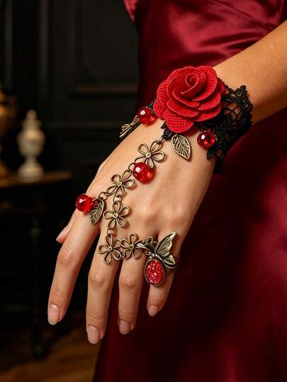 1pc Vintage Butterfly Black Lace Red Rose Bracelet With Ring Integrated Women's Hand Jewelry