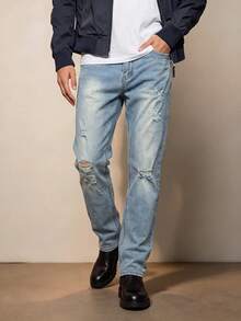 Men's Washed Slim Fit Tapered Jeans, Vintage Gradient Cat Whisker Distressed With Multiple Knee Rips And Holes, Vibe Street Casual Everyday Denim - Blue - View 2