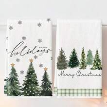 2件組水彩聖誕廚房抹布,聖誕樹雪花 Happy Holidays Merry Christmas 文字印花餐巾,節慶冬季假期居家裝飾廚房手用茶巾 - 綠色 - 查看 10
