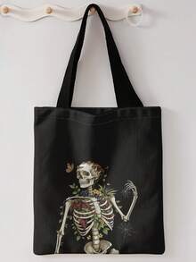 1pc One‑Eyed Skeleton Print Shoulder Tote,Large Capacity For Books,Groceries&Daily Beach Travel School Use.For Students&Women,Great Daily Bag Or Gift - Multicolor - View 9