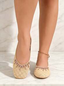2026 New Tassel Rhinestone Square Toe Slip-On Shoes Soft Sole Low Vamp Women's Shoes For Daily Wear, Dating And Commuting - Apricot - View 5
