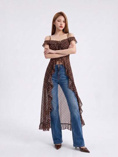 Top Dazzle Top Bohème à Pois en Mousseline pour Femmes, Blouse sans Manches à Bretelles Spaghetti avec Ourlet Long Asymétrique, Parfait pour les Tenues d'Automne