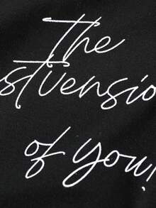 Design-Focused Ruched Waist Letter Print Asymmetric Neckline Knit T-Shirt, Unique Elegant Casual Travel Vacation - Black - View 4