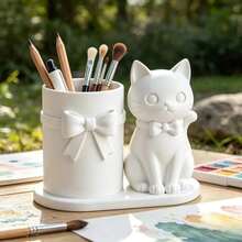 1pc Cute Cat Desktop Storage Holder, Pink Bowtie Cat Shaped Pen Holder, Desk Decor And Stationery Organizer - Cat With Bow - View 6