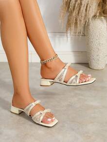 Women's French Square Toe Lace Patchwork Bow Slide Sandals, Chunky Heel Slip-On Slippers, Gentle Style Summer Outdoor Wear - Apricot - View 1