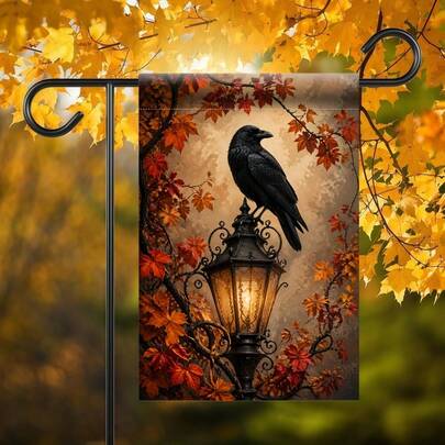 2D Flat Garden Flag 1pc, Crow Perched On Autumn Street Lamp Single-Sided Polyester Material Garden Flag, Holiday Yard Outdoor Flag, Suitable For Outdoor Home And Garden Holiday Decoration, Easter, Christmas, Thanksgiving, Halloween, Flag Pole Not Included (Flag Only)