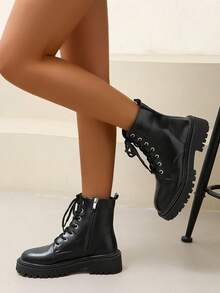 Women's Fashion Combat Boots, Round Toe Lace-Up Side Zipper Ankle Boots, Multi-Functional Outdoor Non-Slip Shoes, Western Style Lace-Up Metal Eyelets Side Zipper - Black - View 4