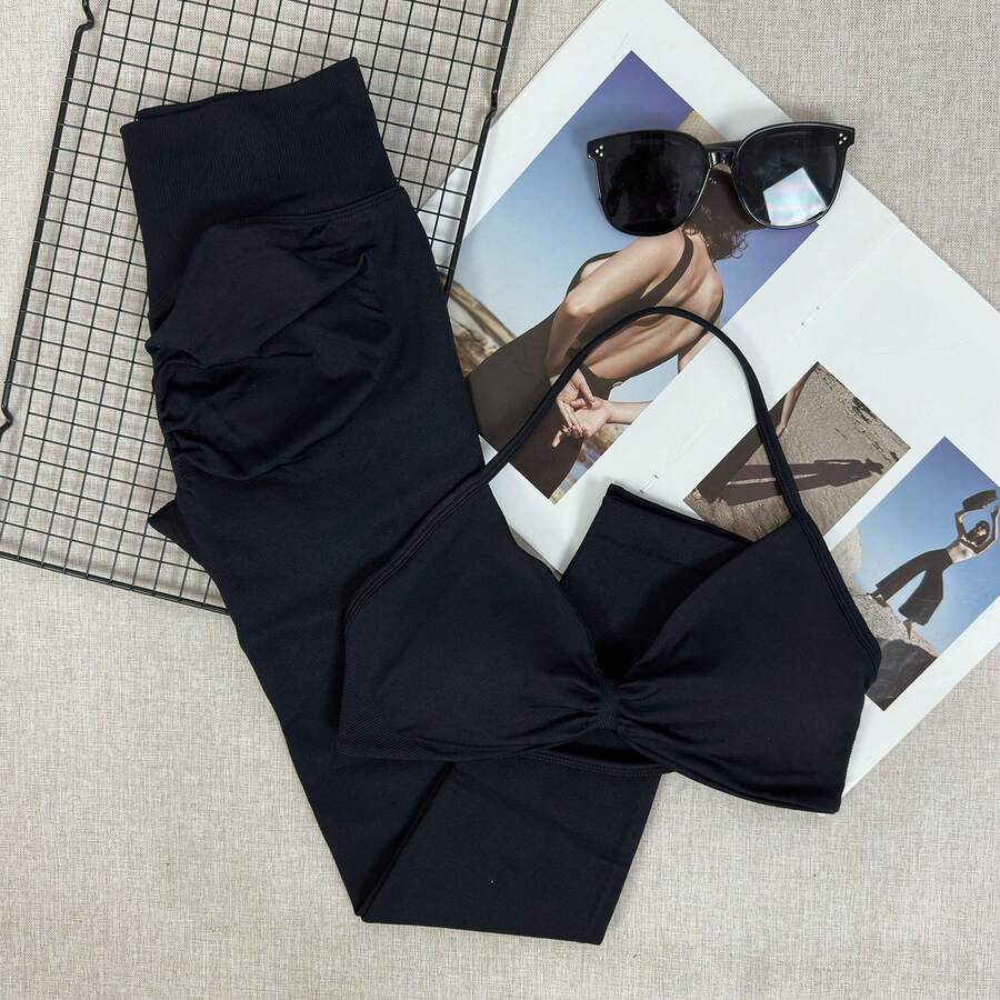 Set 2pcs Pakaian Yoga Wanita Tanpa Jahitan, Bra Olahraga Leher Halter & Legging Pengangkat Pinggang Tinggi untuk Latihan di Gym