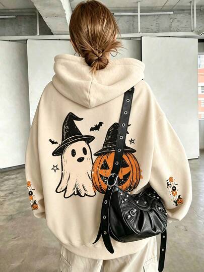 2026 Autumn New Women's Halloween Ghost & Pumpkin Print Sweatshirt, European & American Loose Oversize Top, Cute Cartoon Ghost Pattern Long Sleeve Pullover, Holiday Party Outfit, Street Casual Style, Girls Daily Versatile Jacket, Adorable Halloween Theme Sweatshirt, Comfortable Soft Fabric, Autumn/Winter Fashion Casual Loose Fit