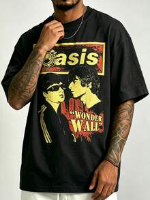 Vintage British Rock Band Poster Print Short Sleeve American Distressed Oversized Men's T-Shirt - Black - View 3