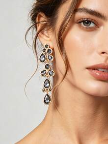 1 Pair European & American Vintage Bohemian Alloy Rhinestone Geometric Water Drop Tassel Earrings, Fashion High-End Style - Teardrop Tassel Earrings - View 2