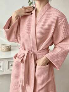 1pc Women's Waffle Knit Long Sleeve Solid Color Bathrobe, Unisex Adult Bathrobe, Soft And Absorbent, Loose Fit, Suitable For Home, Spa, Hotel Leisure Wear, Furniture And Bathroom Supplies, Valentine's Day Gift, Women's Casual Wear, Women's Bathrobe, Casual Wear - Pink - View 4