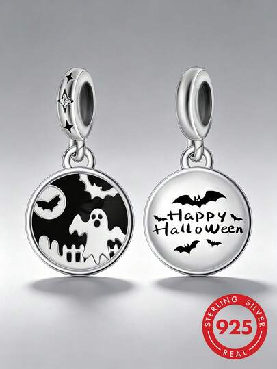 RADIVIDE 1 pieza colgante redondo de doble cara de plata de ley S925 con fantasma, murciélago, castillo, estrella de circonita, cuenta de gran agujero hueco, accesorio de plata para pulsera DIY de Halloween feliz