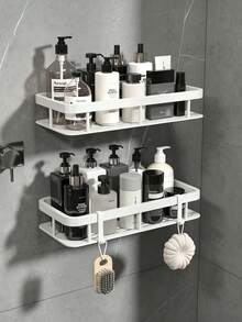 1pc No-Drill Adhesive Bathroom Shelf, With 2 Hooks, Minimalist Shower Corner Storage Rack, Waterproof Plastic Toiletries Organizer, Suitable For Shampoo And Bathroom Accessories, Ideal For Renters - A - View 5