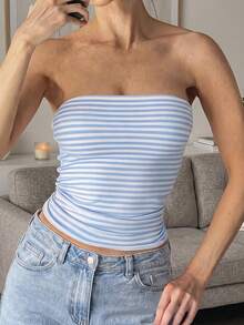 GLAMSKIN Women's Sexy Spaghetti Strap Top, Back To School Street Style Beach Vacation Summer - Light Blue and White Stripes - View 8