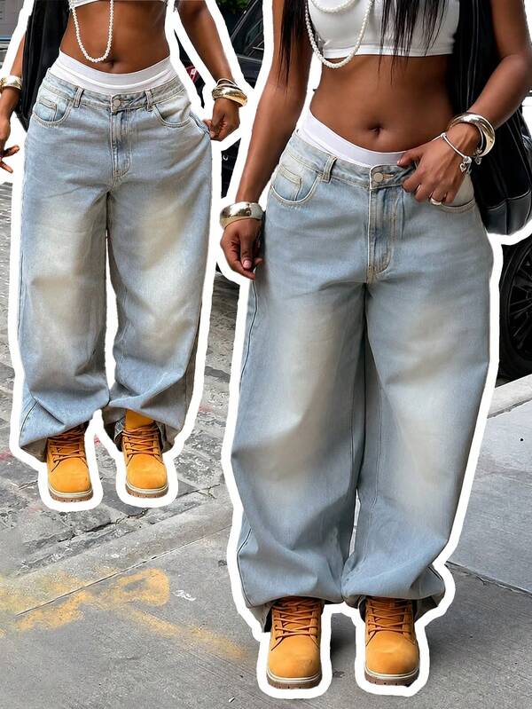 Women's Vacation Style Y2K Washed Distressed Wide Leg Jeans Casual Spring Fall