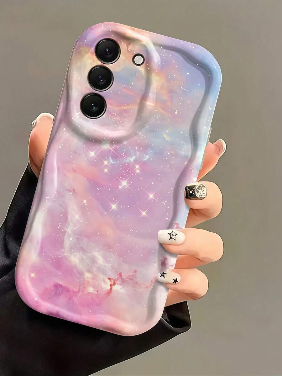 1pc Creamy Big Wave Ins Shockproof Anti-Drop Protective Phone Case, Beautiful Light Color Galaxy Star Phone Shell, Dreamy Shiny Nebula Marble Print Soft TPU Shockproof Protective Phone Case, Compatible With Android Devices Anti-Drop Protective Shell Compatible With Samsung, Series Phones - White - View 1