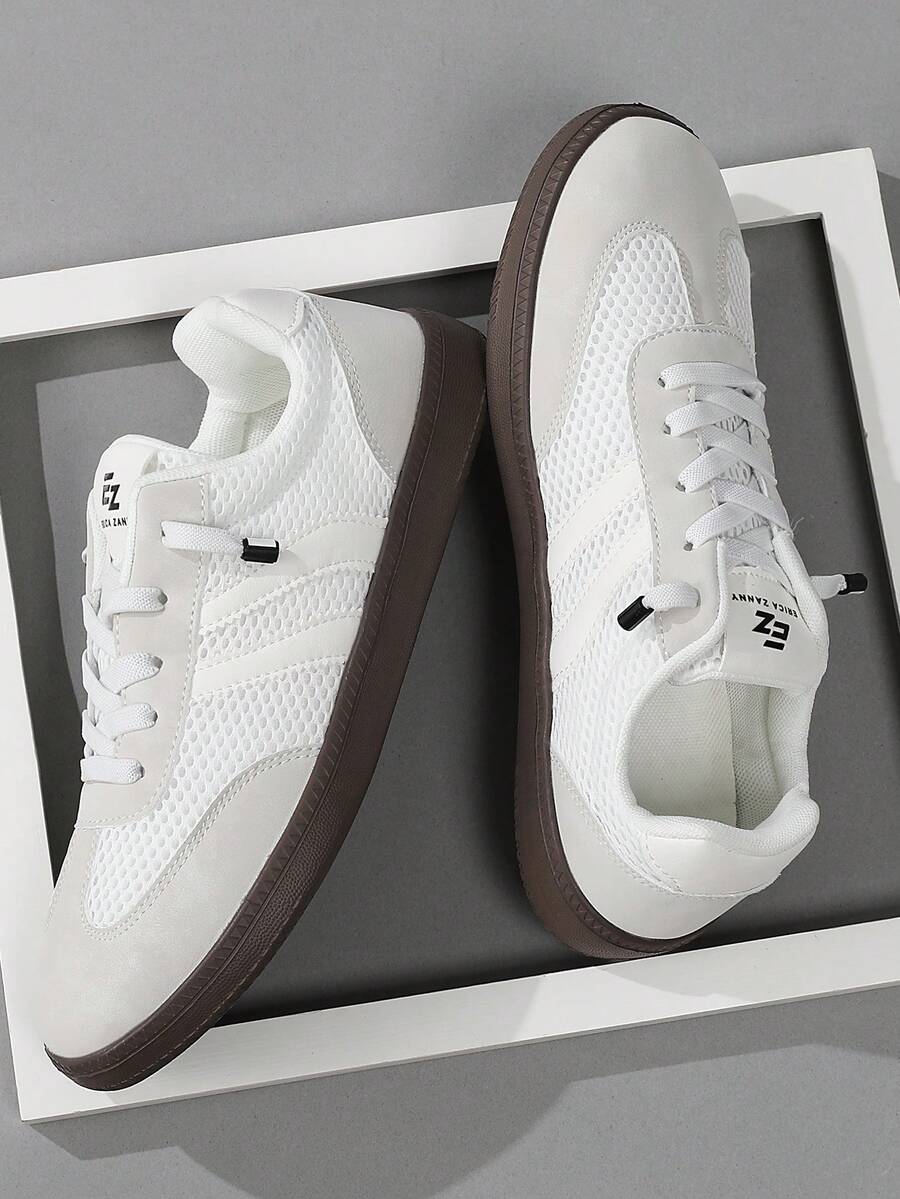 Men's White Mesh Contrast Casual Sneakers, Unisex Retro Lace‑Up Flat Board Shoes For Daily Street Wear - White Rice - View 1