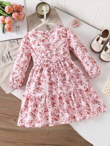 Young Girl Elegant Sweet Cute Gentle Lady Gift Minimalist Pretty Outdoor Street Comfortable Fashion Pink Vintage Exquisite Small Rose Floral Pattern Digital Print Round Neck Elastic Puff Cuff Long Sleeve Ruffle Hem A-Line Princess Dress Suitable For Spring And Autumn - Pink - View 3
