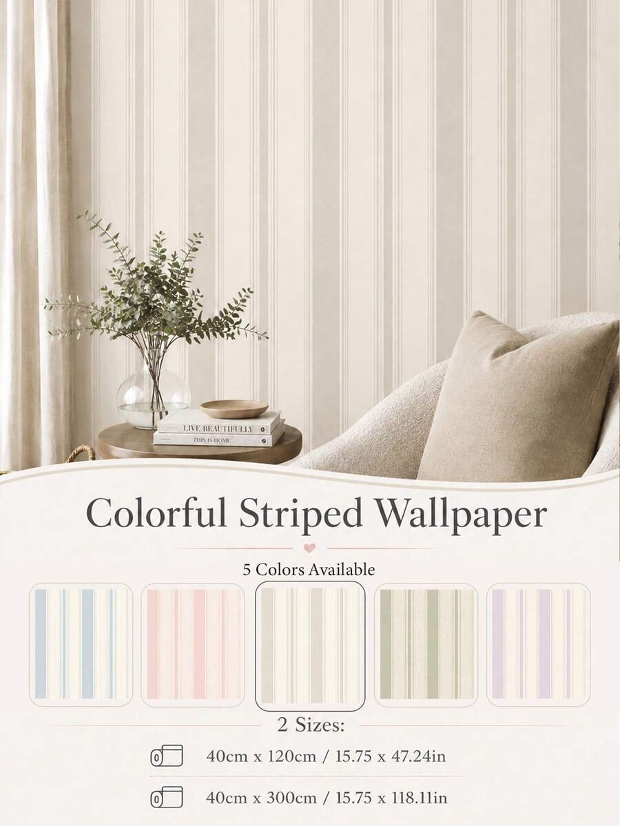 SUPSTICKER 1pc Sage Green Striped Self-Adhesive Wallpaper, Waterproof Removable PVC Decorative Sticker, Suitable For Nursery Bedroom Living Room, 3 Sizes - Multicolor - View 1