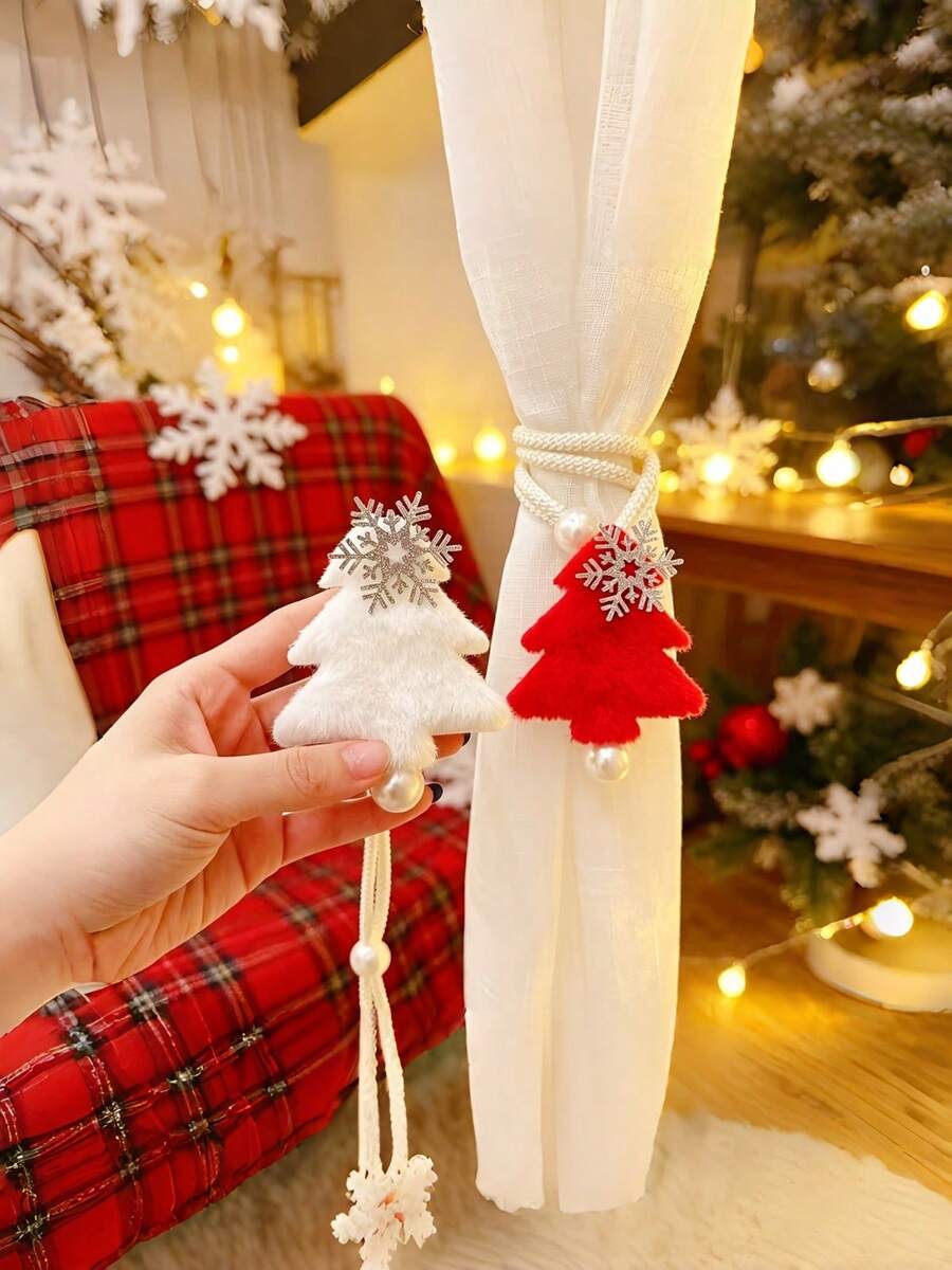 Christmas Tree Snowflake Pattern Curtain Tiebacks 2pcs Set Convenient Storage Curtain Tie Ropes, Universal Fixed Tie Straps For Sheer And Fabric Curtains, Christmas Holiday Home Window Atmosphere Decoration, Holiday Gift Decor Accessories - C-multicolor - View 1