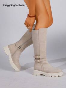Beige Double Buckle Thick Sole Side Zipper Autumn/Winter Versatile Non-Slip Chunky Heel Tall Boots - Beige - View 5