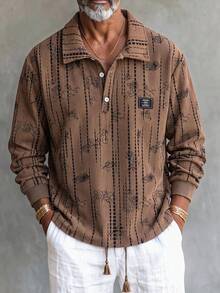 GOLDREDY Men's Casual Long Sleeve Polo Shirt With Textured Design, Vintage Print, Loose Fit Sweatshirt, Suitable For Casual Outings, Spring/Autumn New Long Sleeve Top - Brown - View 1