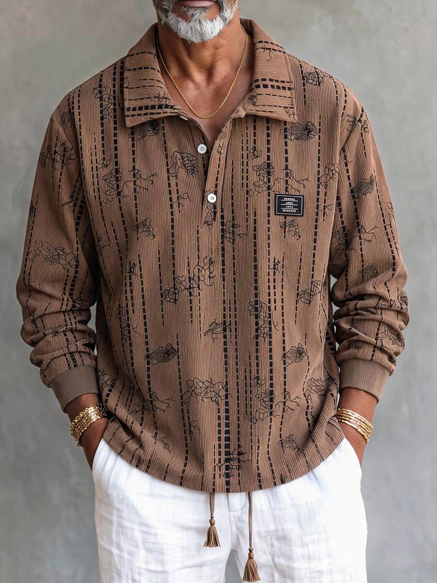 GOLDREDY Men's Casual Long Sleeve Polo Shirt With Textured Design, Vintage Print, Loose Fit Sweatshirt, Suitable For Casual Outings, Spring/Autumn New Long Sleeve Top - Brown - View 1