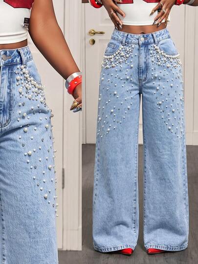 HAPPY GIRL Moda Primavera/Otoño Casual Elegante Vacaciones Diario Cita Viaje Aeropuerto Atuendo Jeans Rectos de Mezclilla con Perlas para Mujer