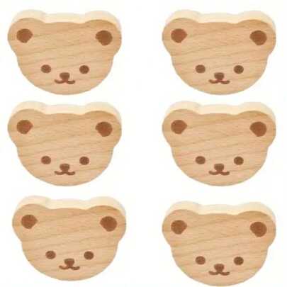 2/6/12pcs Cute Bear Shaped Wooden Drawer Pulls, Natural Wood Material Cabinet Door Handles, Cartoon Bear Pattern Furniture Self-Adhesive, Suitable For Children's Bedroom Wardrobe, Cabinet Doors, DIY Home Decor