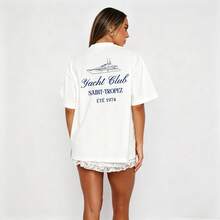 Women's Tee, White Oversized T-Shirt, Short Sleeve Crew Neck, Casual Summer Streetwear, Vintage Nautical Print - White - View 4
