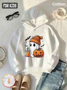 Autumn Girls Ghost Pumpkin Bat & Drink Cup Print Hoodie For Halloween - White - View 2