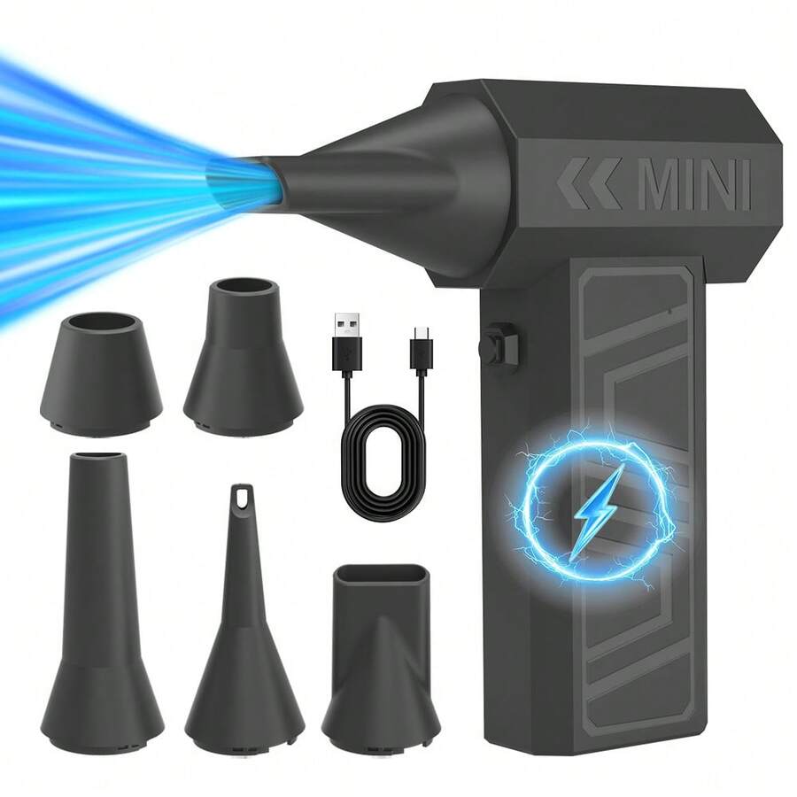 ENSSU Kipas Tiup Jet Mini Genggam Berkekuatan Tinggi, Motor Brushless 105.000 RPM, Blower Udara Portabel dengan Baterai Tanam 2x2000mAh, Dilengkapi 5 Nozel yang Dapat Ditukar, Tekanan Angin 135g untuk Pembersihan Debu dan Aplikasi Berbagai Skenario